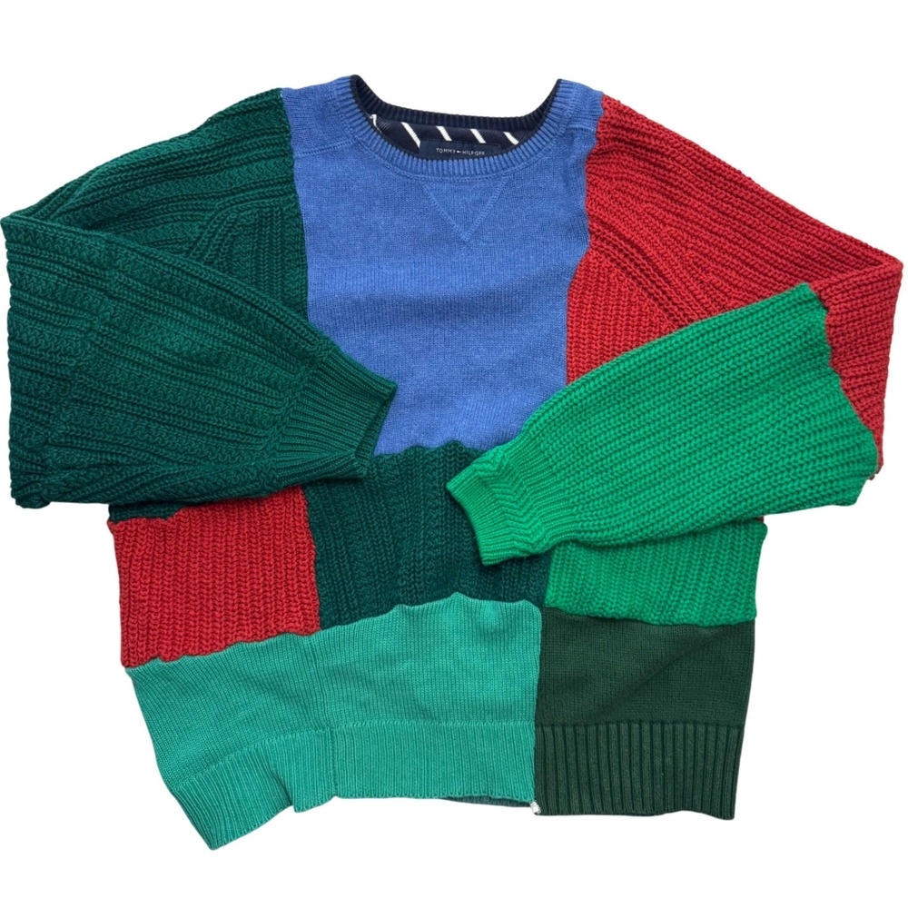 Tommy Hilfiger VTG Medium Color Patchwork Knit‎ Sweater Pullover Custom Homemade